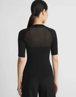 New Lafayette 148 New York Merino-Silk Ribbed Sheer Yoke Sweater Black