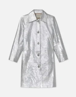 Clearance Lafayette 148 New York Metallic Crinkle Leather Coat Silver