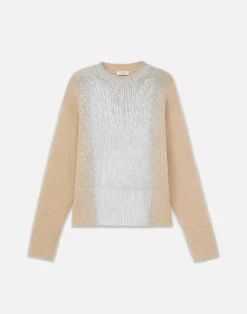 Discount Lafayette 148 New York Metallic Foil Print Cashmere Crewneck Sweater Dune Foil