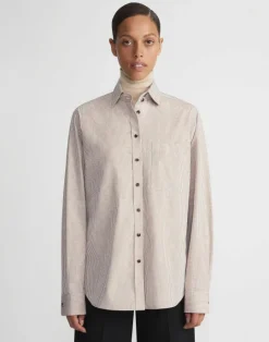 Clearance Lafayette 148 New York Micro Gingham Cotton Poplin High Collar Shirt Dried Blossom Multi