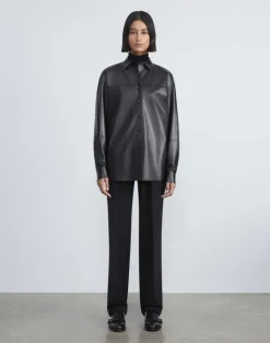 Discount Lafayette 148 New York Nappa Lambskin Leather Shirt Jacket Black