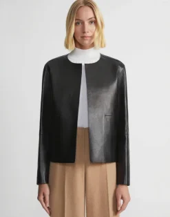 Clearance Lafayette 148 New York Nappa Leather Collarless Open Front Jacket Black