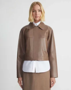 Best Lafayette 148 New York Nappa Leather Patch Pocket Bomber Jacket Deep Acorn