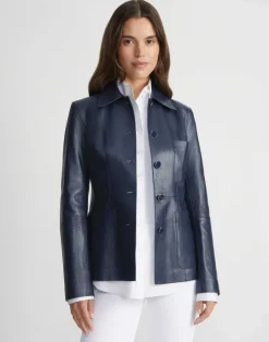 Outlet Lafayette 148 New York Nappa Leather Tailored Chore Jacket Midnight Blue