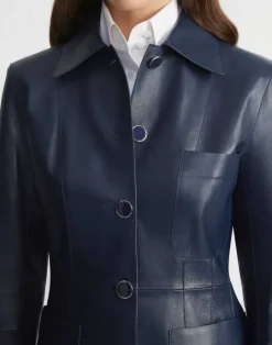 Outlet Lafayette 148 New York Nappa Leather Tailored Chore Jacket Midnight Blue