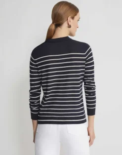 Clearance Lafayette 148 New York Naval Stripe Cashmere Button Shoulder Sweater Ink Multi