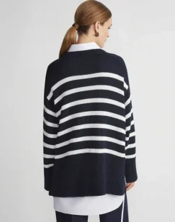 Sale Lafayette 148 New York Naval Stripe Cotton-Silk Button Side Sweater Ink Multi