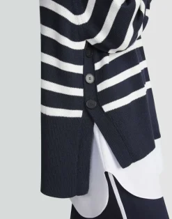 Sale Lafayette 148 New York Naval Stripe Cotton-Silk Button Side Sweater Ink Multi
