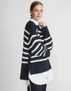 Sale Lafayette 148 New York Naval Stripe Cotton-Silk Button Side Sweater Ink Multi