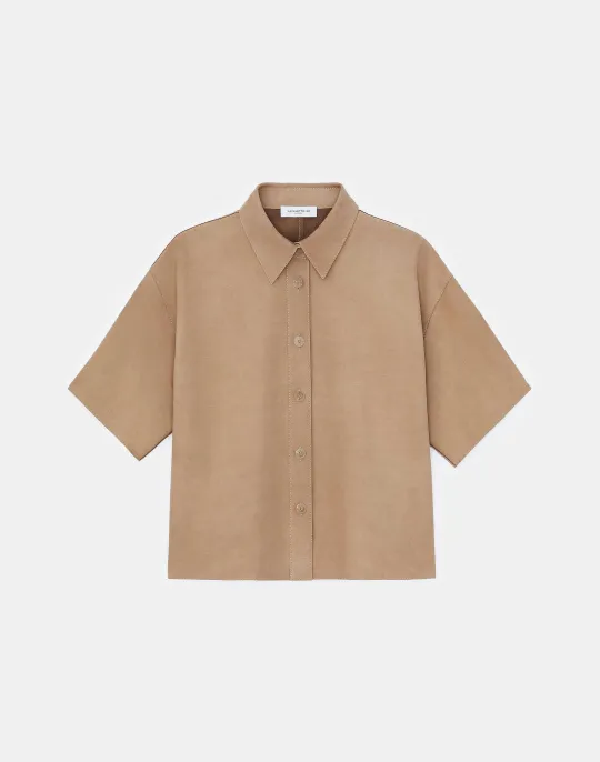 Lafayette 148 New York Nubuck Calfskin Suede Shirt Oat