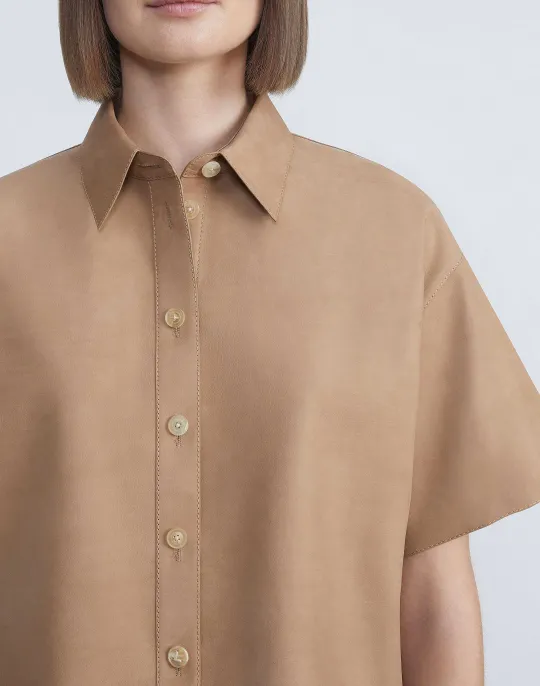 Lafayette 148 New York Nubuck Calfskin Suede Shirt Oat