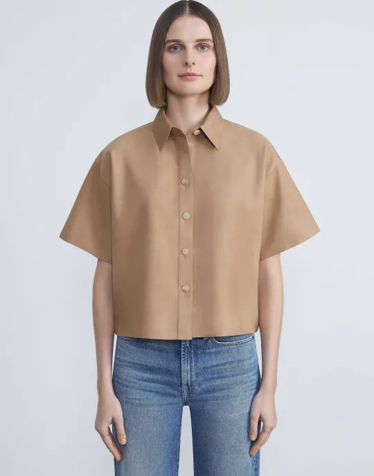 Lafayette 148 New York Nubuck Calfskin Suede Shirt Oat