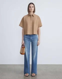 Lafayette 148 New York Nubuck Calfskin Suede Shirt Oat