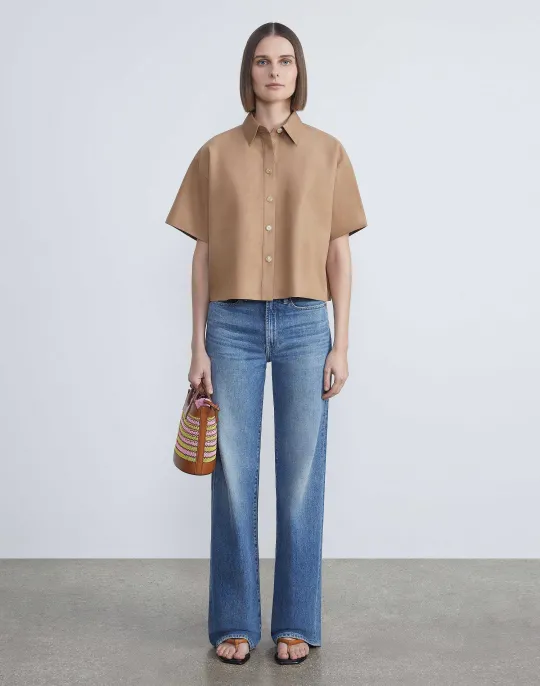 Lafayette 148 New York Nubuck Calfskin Suede Shirt Oat
