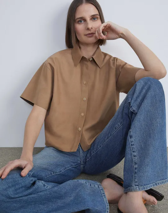 Lafayette 148 New York Nubuck Calfskin Suede Shirt Oat