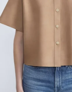 Lafayette 148 New York Nubuck Calfskin Suede Shirt Oat