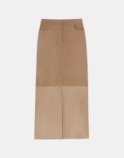 New Lafayette 148 New York Nubuck Suede & Nappa Leather Two-Tone Midi Skirt Oat