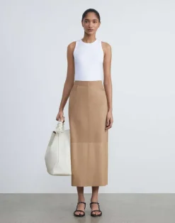 New Lafayette 148 New York Nubuck Suede & Nappa Leather Two-Tone Midi Skirt Oat