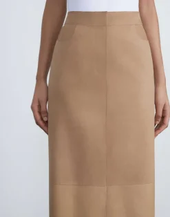New Lafayette 148 New York Nubuck Suede & Nappa Leather Two-Tone Midi Skirt Oat