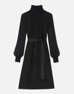 New Lafayette 148 New York Opaque & Sheer Silk Turtleneck Dress Black