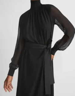 New Lafayette 148 New York Opaque & Sheer Silk Turtleneck Dress Black