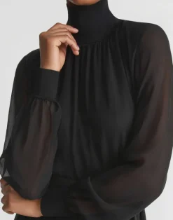 New Lafayette 148 New York Opaque & Sheer Silk Turtleneck Dress Black
