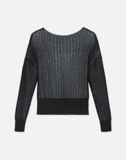 Discount Lafayette 148 New York Organic Cotton Open Knit Bateau Sweater Black