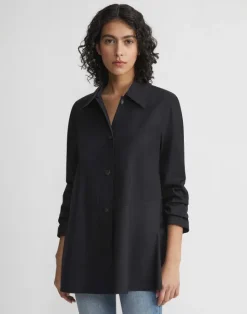 Best Lafayette 148 New York Organic Cotton Poplin Flounced Shirt Jacket Cadet Khaki
