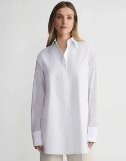 Online Lafayette 148 New York Organic Cotton Poplin Sheer Sleeve Oversized Shirt Ink