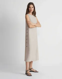 Clearance Lafayette 148 New York Organic Linen Button Side Dress Pumice Melange