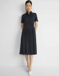 New Lafayette 148 New York Organic Silk Stretch Georgette Pleated Shirtdress Ink