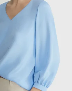 Online Lafayette 148 New York Organic Silk Stretch Georgette Lantern Sleeve Blouse Sky Blue