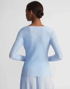 Online Lafayette 148 New York Overprint Finespun Voile Pleat Stitch Crossover Sweater Sky Blue Multi