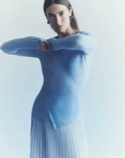 Online Lafayette 148 New York Overprint Finespun Voile Pleat Stitch Crossover Sweater Sky Blue Multi