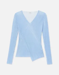 Online Lafayette 148 New York Overprint Finespun Voile Pleat Stitch Crossover Sweater Sky Blue Multi