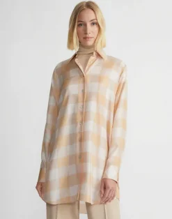 Discount Lafayette 148 New York Painted Gingham Print Silk Habutai Oversized Blouse Maitake Multi