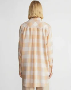 Discount Lafayette 148 New York Painted Gingham Print Silk Habutai Oversized Blouse Maitake Multi