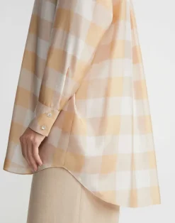 Discount Lafayette 148 New York Painted Gingham Print Silk Habutai Oversized Blouse Maitake Multi