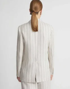 New Lafayette 148 New York Pinstripe Linen Peak Lapel Blazer Pebble Multi
