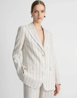 New Lafayette 148 New York Pinstripe Linen Peak Lapel Blazer Pebble Multi