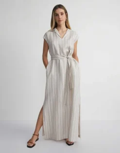 Online Lafayette 148 New York Pinstripe Linen Popover Dress Pebble Multi