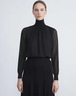 Best Lafayette 148 New York Silk Georgette Turtleneck Blouse Cloud