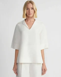 Online Lafayette 148 New York Silk-Linen Collared Popover Blouse Alabaster