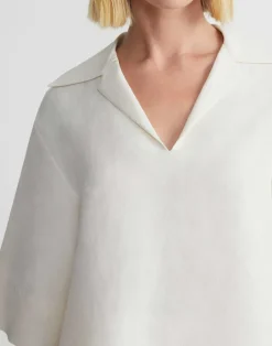 Online Lafayette 148 New York Silk-Linen Collared Popover Blouse Alabaster
