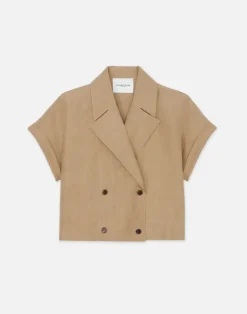 Lafayette 148 New York Silk-Linen Double Breasted Cropped Shirt Jacket Cadet Khaki