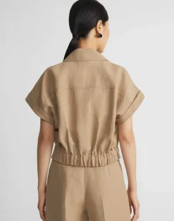 Lafayette 148 New York Silk-Linen Double Breasted Cropped Shirt Jacket Cadet Khaki