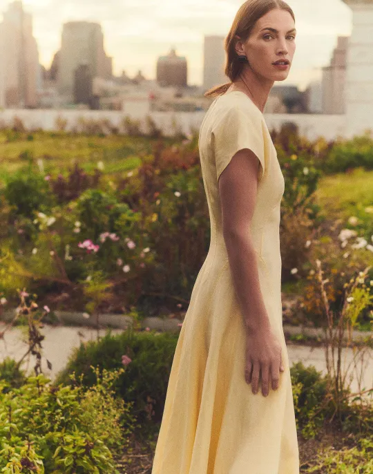 Sale Lafayette 148 New York Silk-Linen Flared Dress Yellow Yarrow
