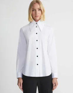 Sale Lafayette 148 New York Stretch Cotton Snap Front Shirt White