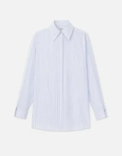 Lafayette 148 New York Stripe Cotton Poplin Button Sleeve Oversized Shirt Wild Bluet Multi