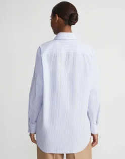 Lafayette 148 New York Stripe Cotton Poplin Button Sleeve Oversized Shirt Wild Bluet Multi